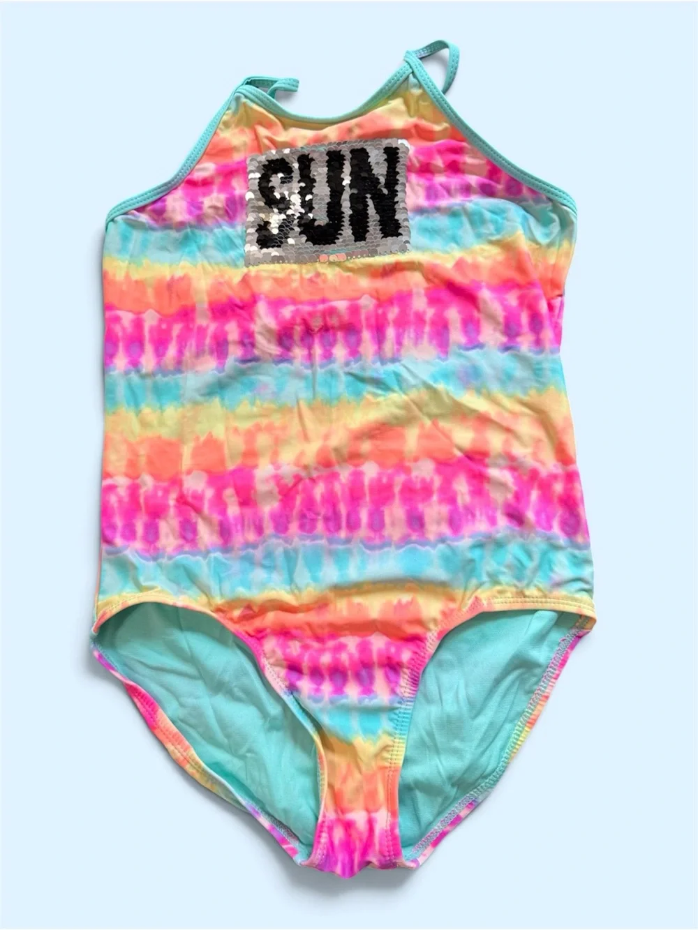 Kids' Multicolor Tie-Dye One-Piece Swimsuit with 'FUN' Sequin Detail